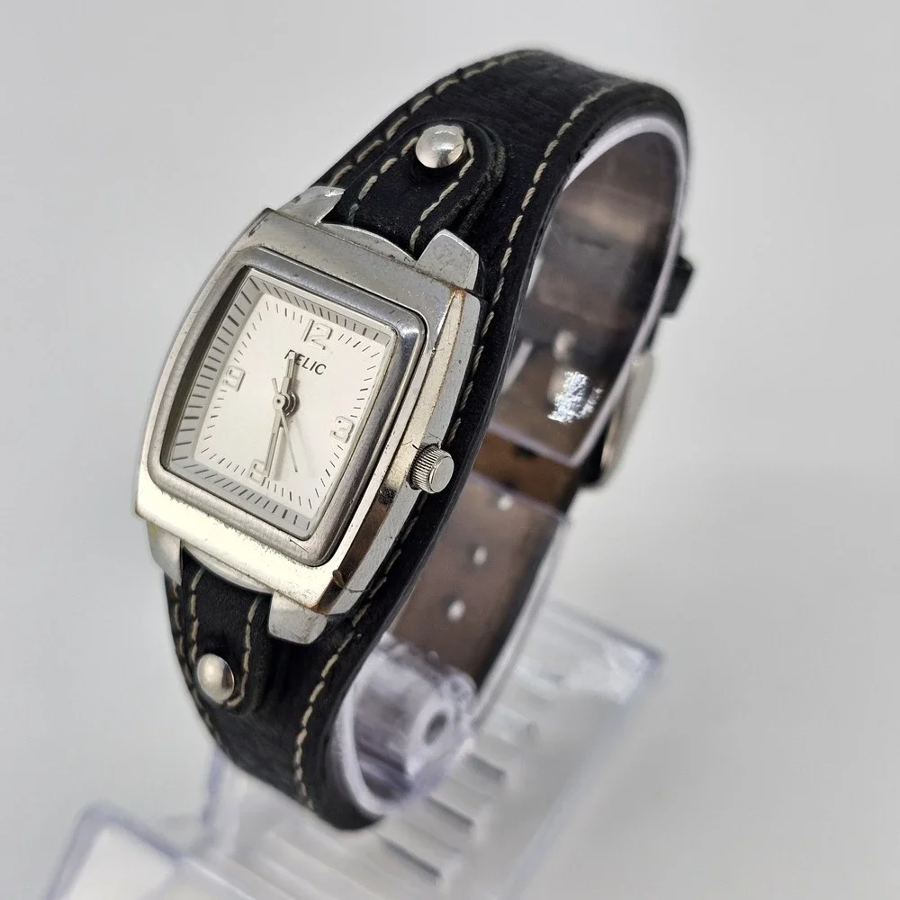 Relic Women's Watch 26mm Gray Dial Black Leather‎ Cuff Band New Battery